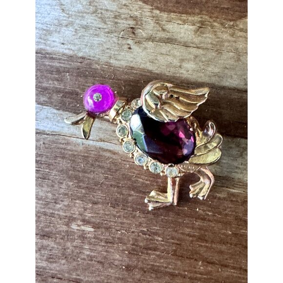 Vintage Gold-Tone Bird Brooch With Purple Rhinestones & Clear Accents - Picture 5 of 8